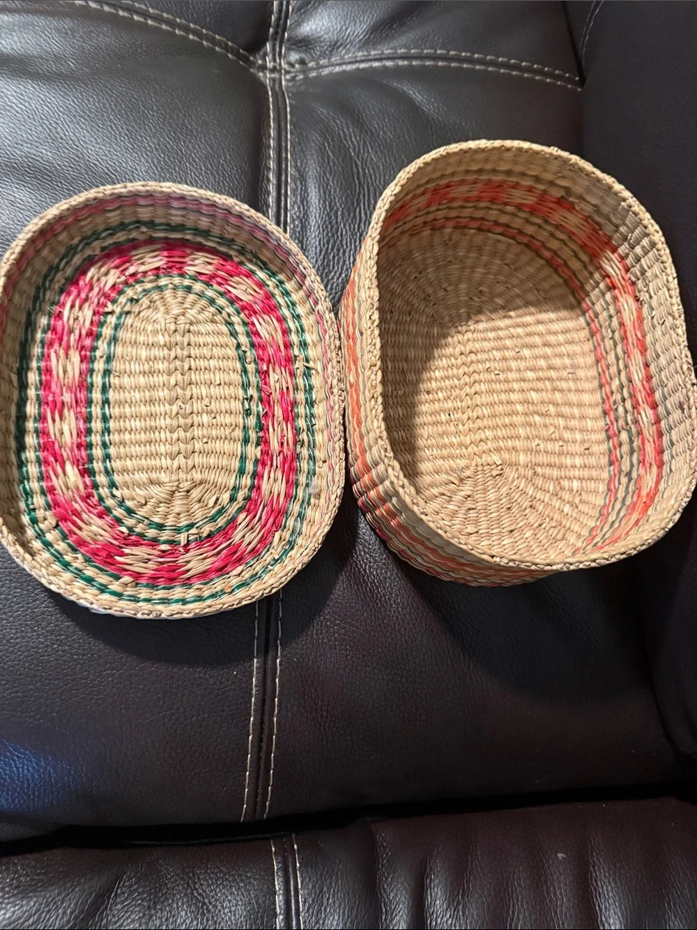 Handwoven Oval Straw Basket with Red and Green Accents